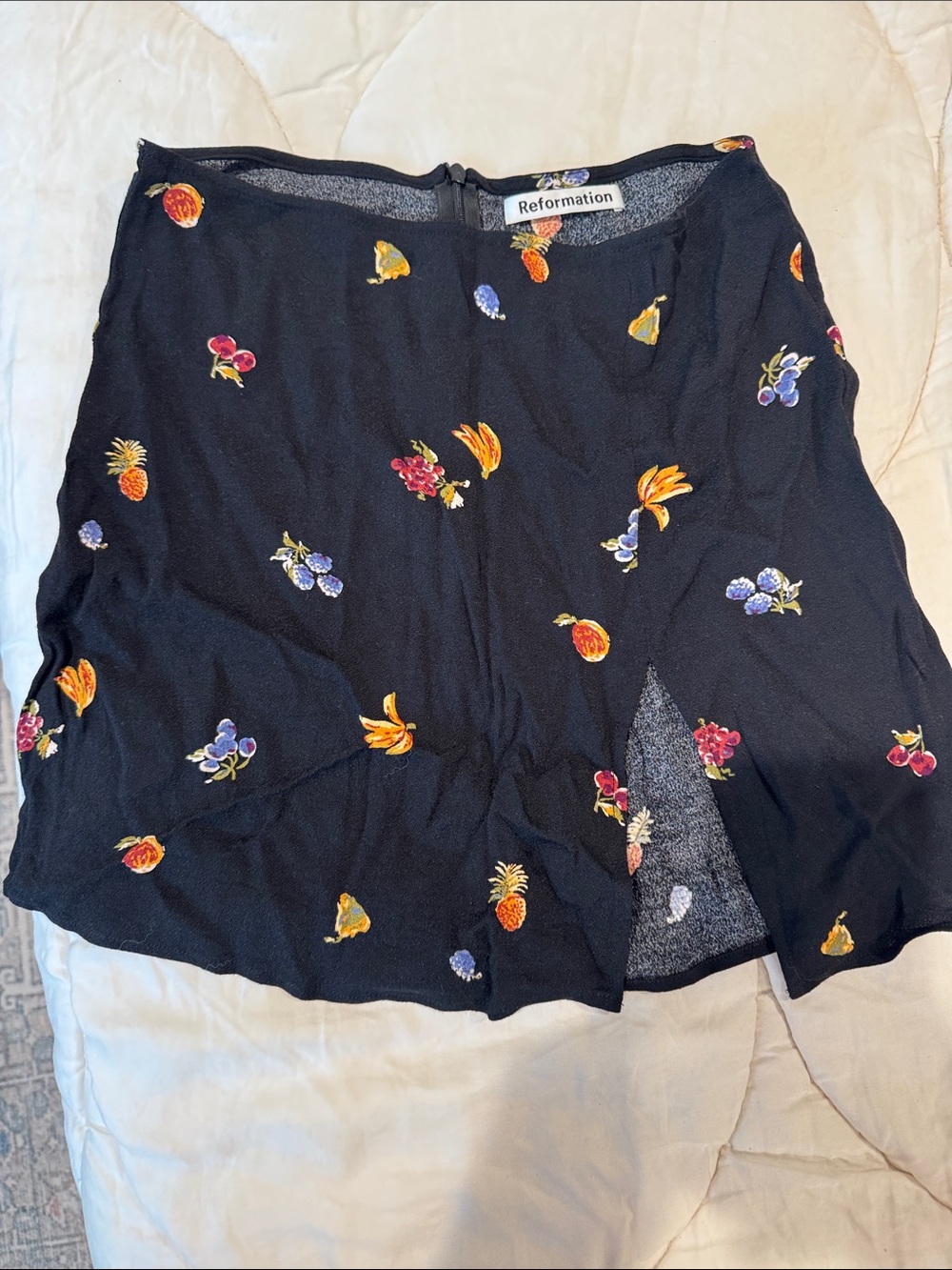 Reformation Black Mini Skirt with Bright Fruit Embroidery
